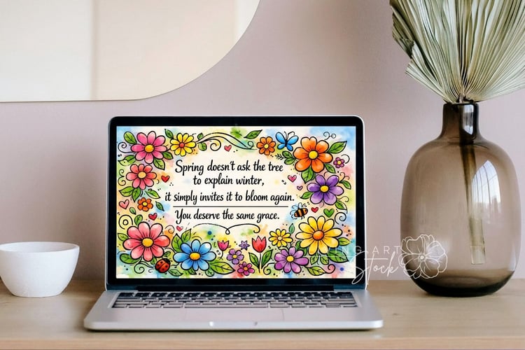 A detailed watercolor and ink illustration featuring a dense, colorful border of mixed spring flowers, leaves, and small insects like a ladybug and bee. At the center, a decorative text reads: "Spring doesnt ask the tree to explain winter, it simply invi