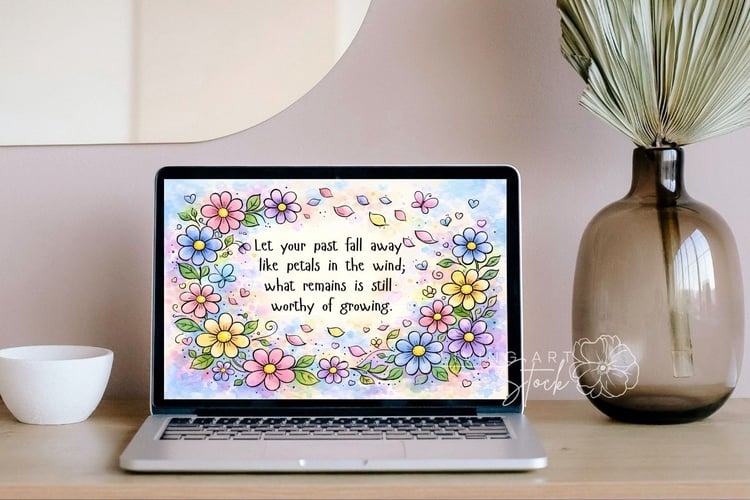 A colorful, illustrative watercolor print featuring a central, handwritten inspirational quote: "Let your past fall away like petals in the wind; what remains is still worthy of growing." The text is framed by a vibrant border of colorful flowers (pink, p