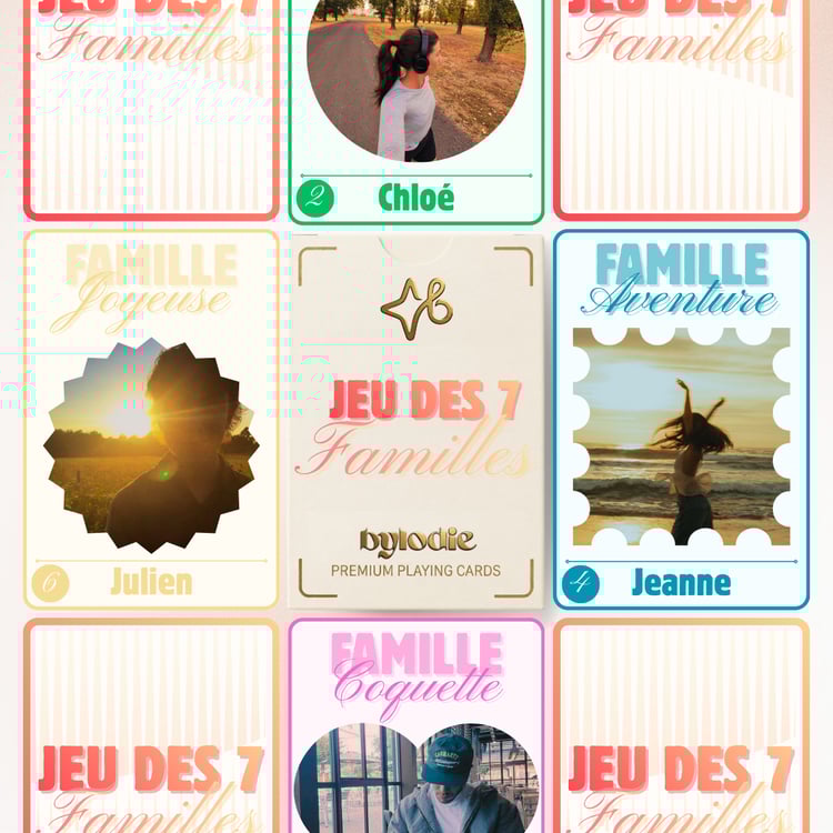 Jeu des 7 familles personnalisé avec le logo Canva. Présentation de cartes illustrées avec des photos sur un fond coloré pastel (bleu, rose, jaune).