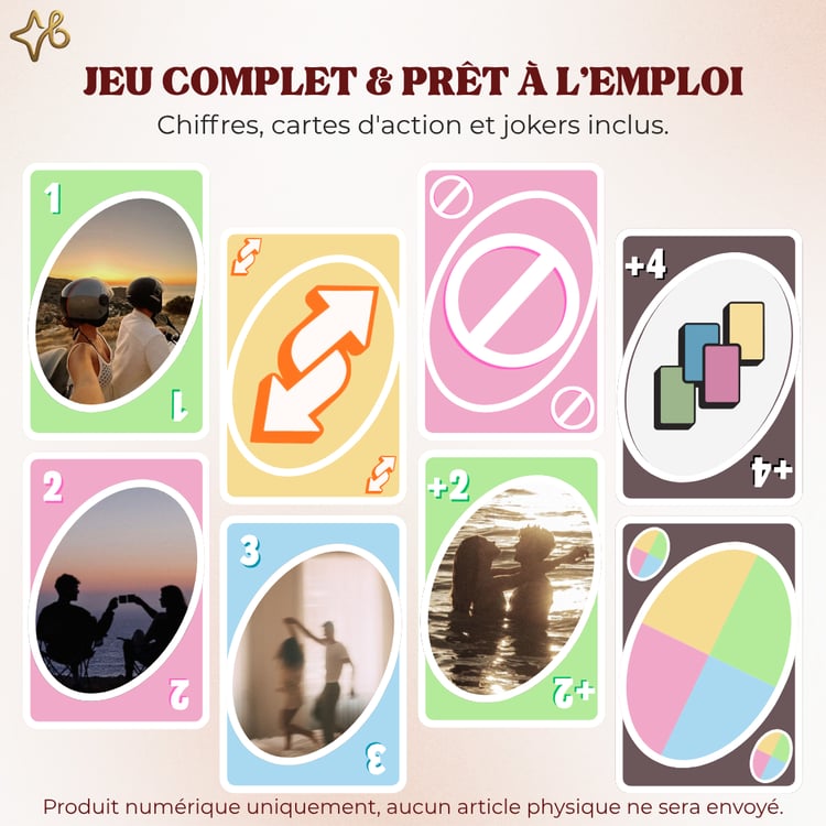 Jeu de cartes complet à personnaliser : chiffres, cartes action et jokers avec photos souvenirs.