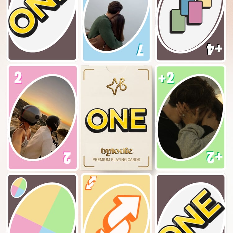 Template de jeu de cartes personnalisé Bylodie avec photos de couple et design coloré.