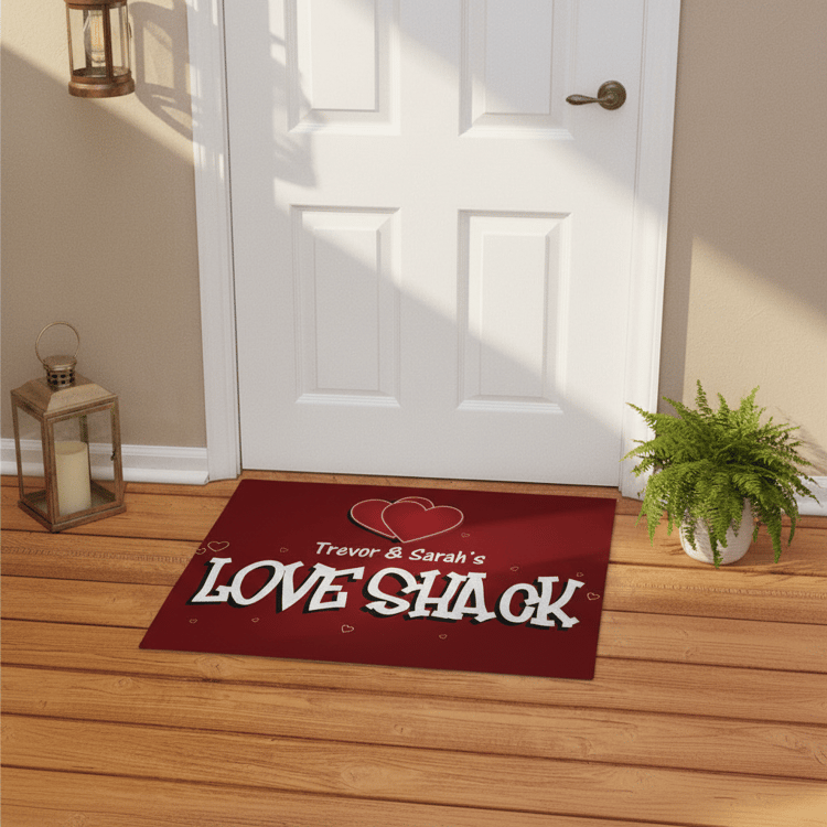 Red doormat with Trevor & Sarahs LOVE SHACK text on a wooden floor.