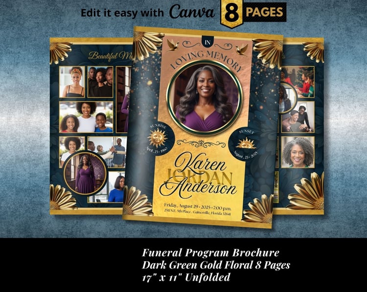 Dark Green Gold Floral Funeral Program