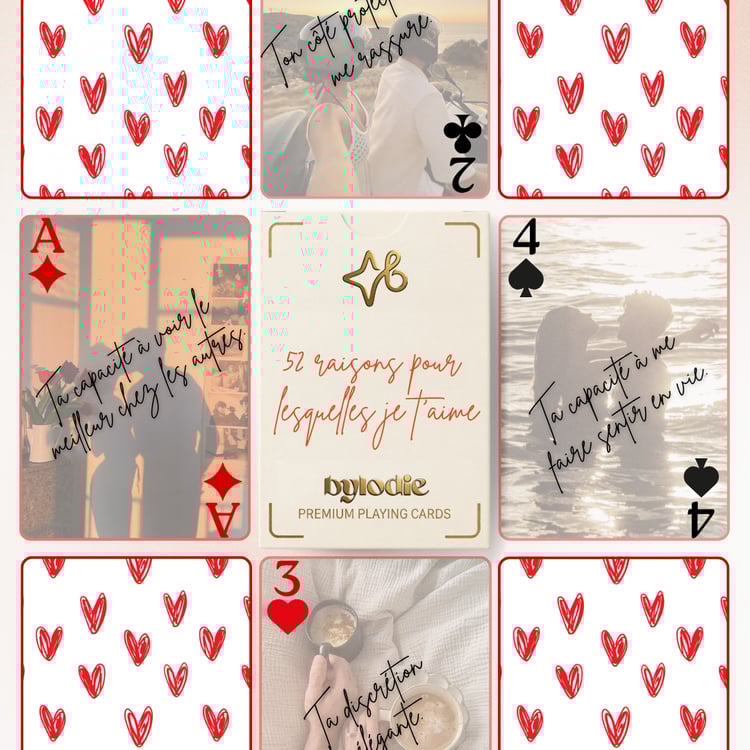 Jeu de cartes personnalisé Bylodie 52 raisons pour lesquelles je t'aime avec photos de couple.