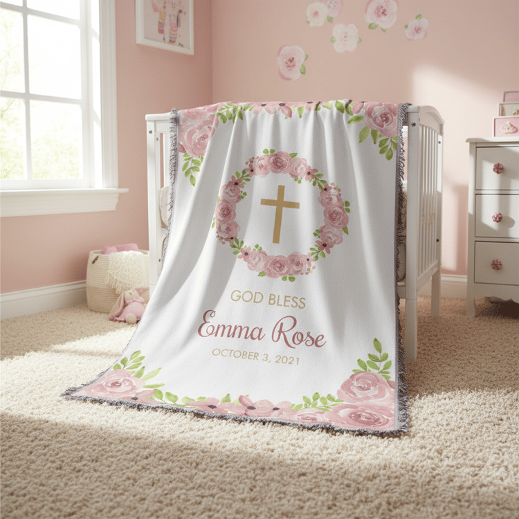 Baby blanket with floral design and cross, draped over a crib in a nursery.