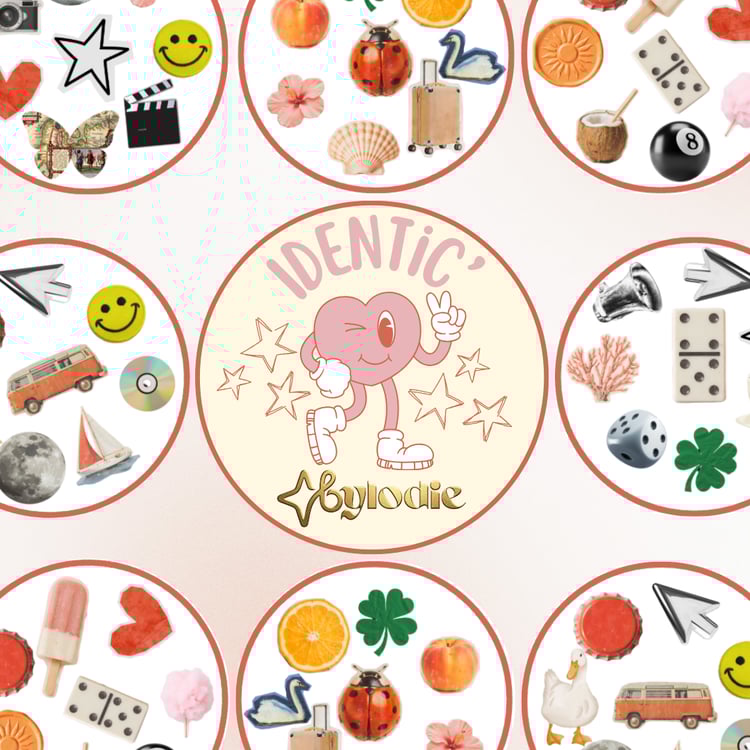 Aperçu des symboles variés d'un jeu de société personnalisé Identic par Bylodie incluant des illustrations vintage de coccinelle, trèfle, bus et smiley.