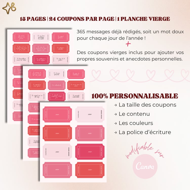 Présentation du pack numérique de 365 coupons d'amour personnalisables sur Canva avec 15 pages de messages rédigés et une planche vierge.