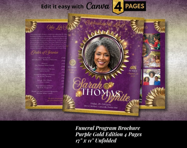 Purple Gold Funeral Program, 4 Pages
