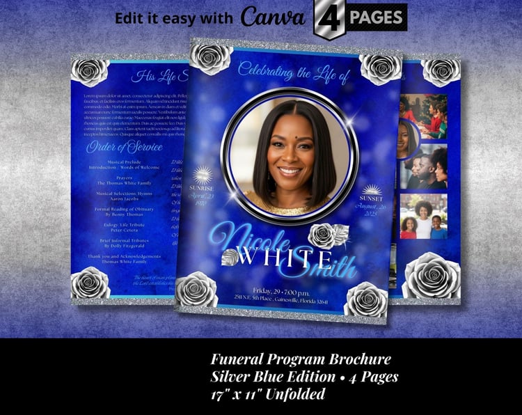 Silver Blue Funeral Program, 4 Pages