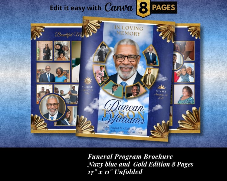 Blue Navy Gold Funeral Program