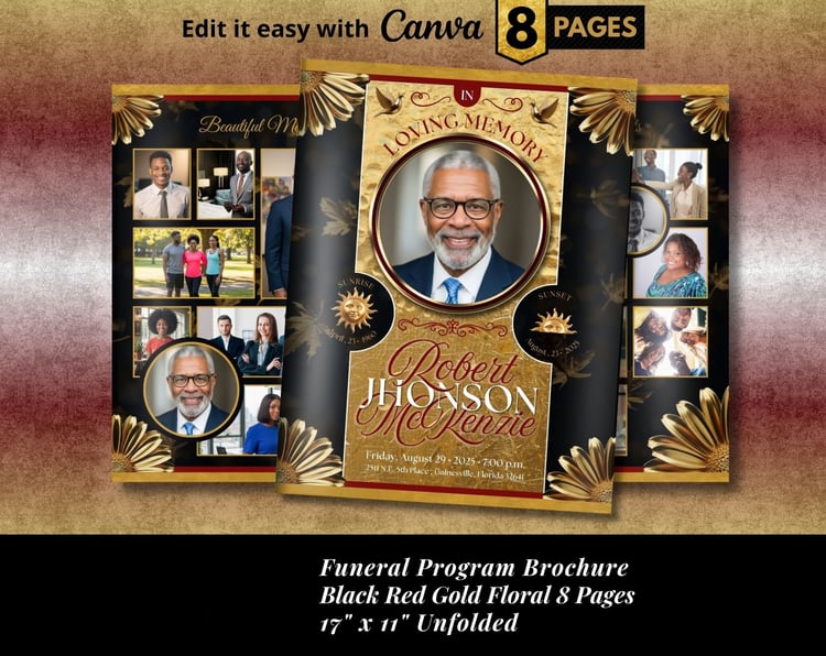 Black Red Gold Floral Funeral Program