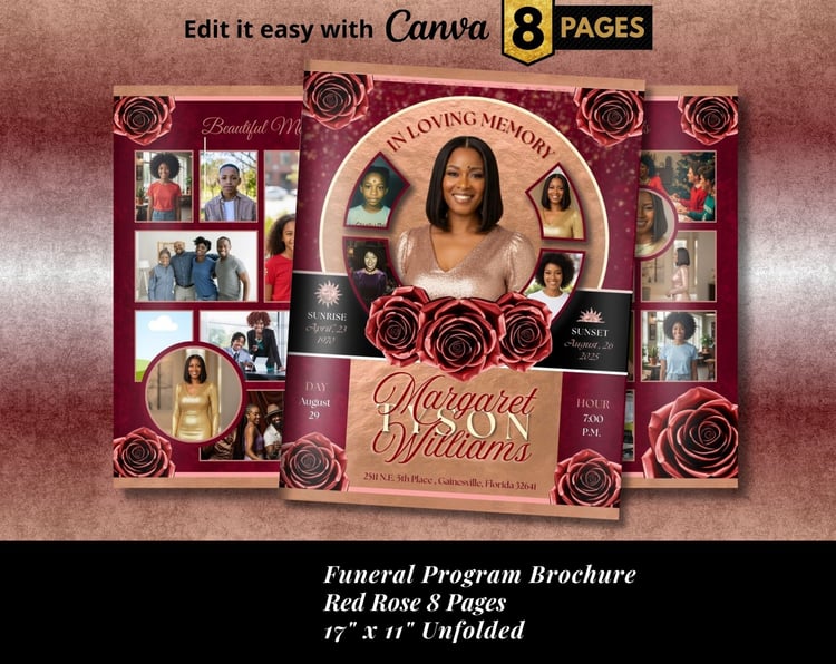 Red Roses Funeral Program, 8 Pages