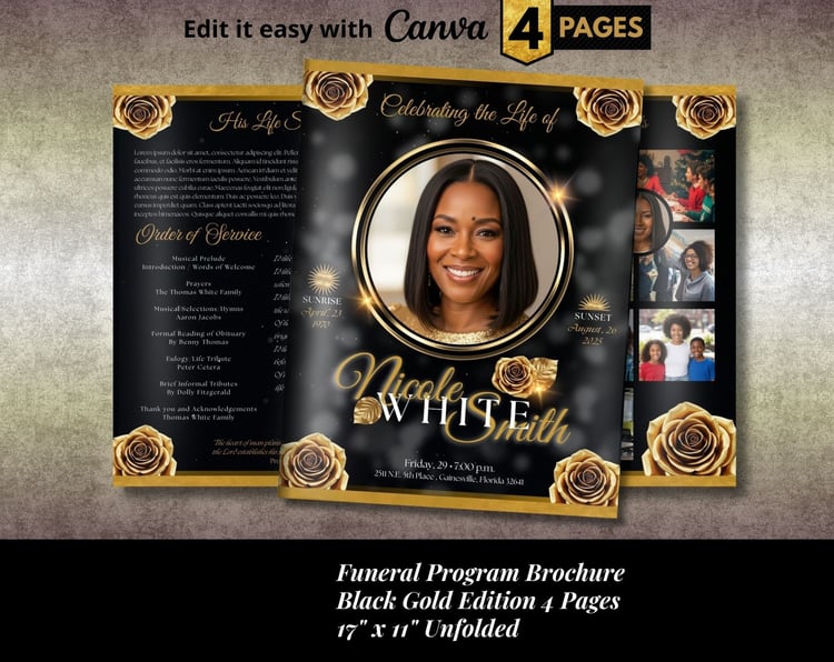 Black Gold Funeral Program, 4 Pages