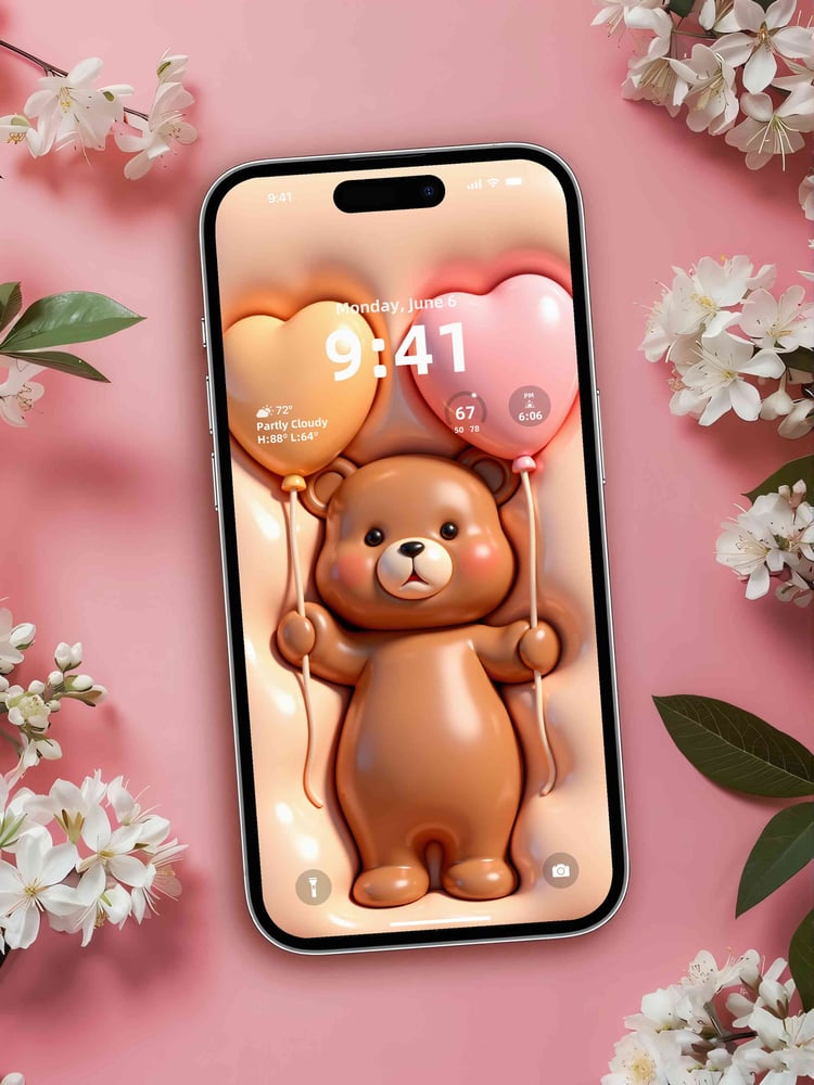 3D cute phone wallpaper mockup with glossy puffy design, playful pastel aesthetic, soft kawaii style for iPhone lock screen