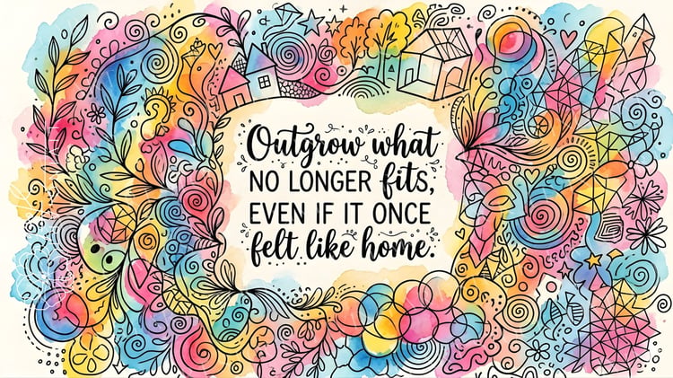 A vibrant and colorful watercolor and hand-drawn line art illustration featuring a central, clean area with the calligraphy quote: "Outgrow what NO LONGER FITS, EVEN IF IT ONCE felt like home." The quote is surrounded by a dense, whimsical border of hand-