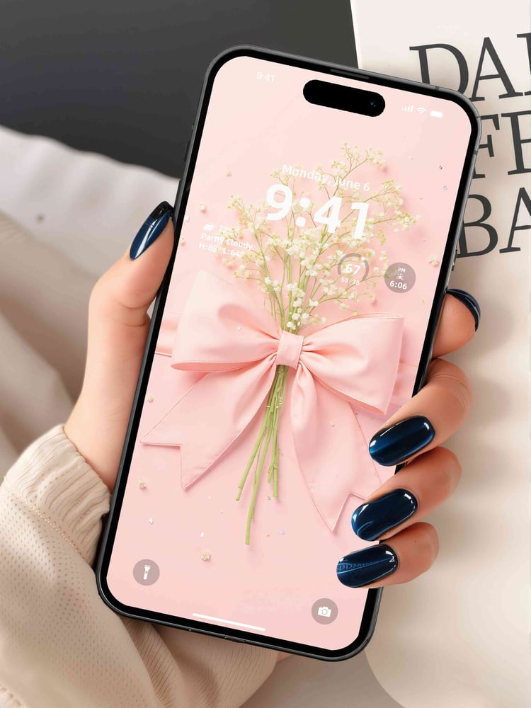 Pink coquette phone wallpaper mockup with soft bow aesthetic, pastel feminine style, romantic cute design for iPhone lock screen