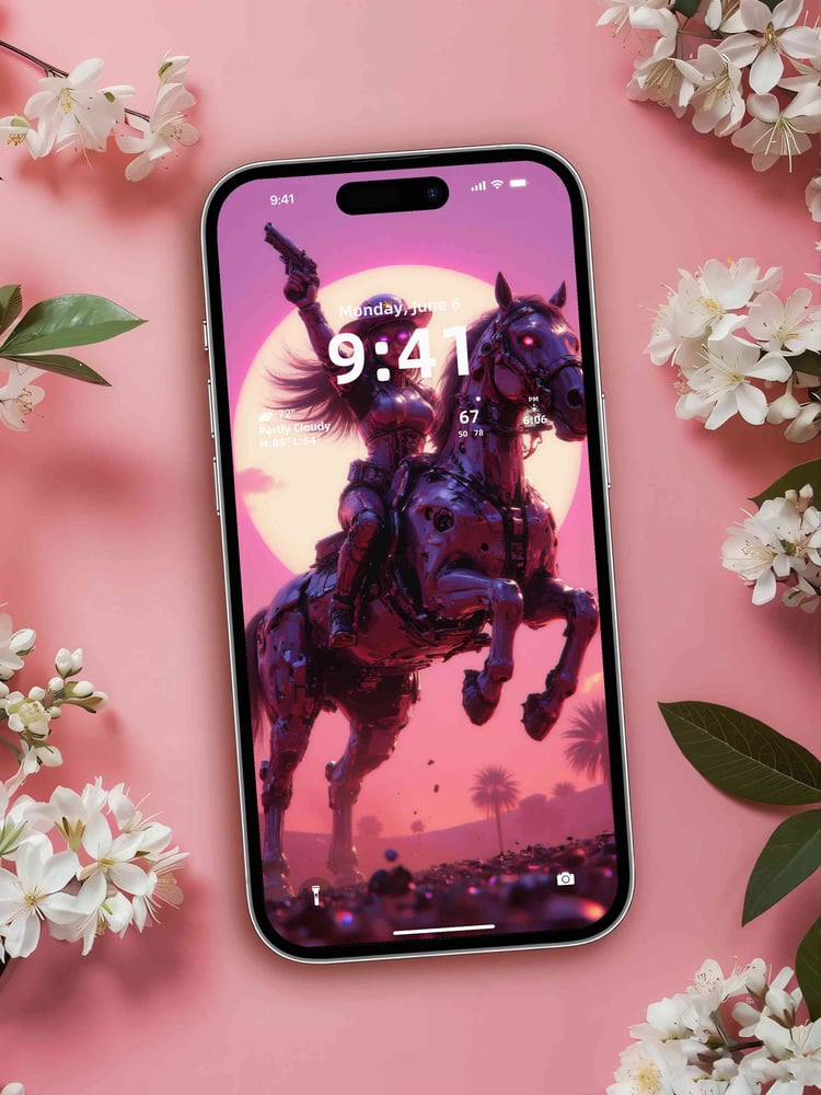 Cyber cowgirl wallpaper mockup with retro futurist western aesthetic, neon sci fi style, cinematic digital art for phone and desktop screens