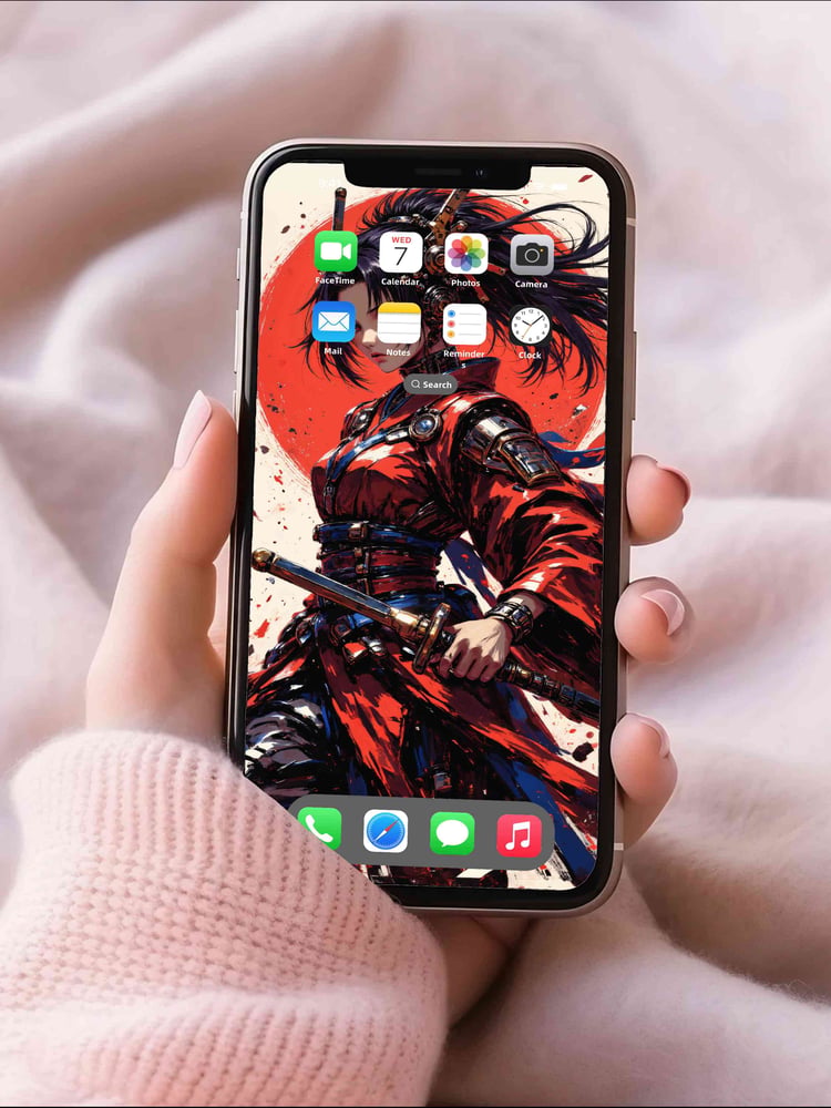 Pink wolf phone and desktop wallpaper mockup with cyberpunk anime aesthetic, neon futuristic style, bold digital art background