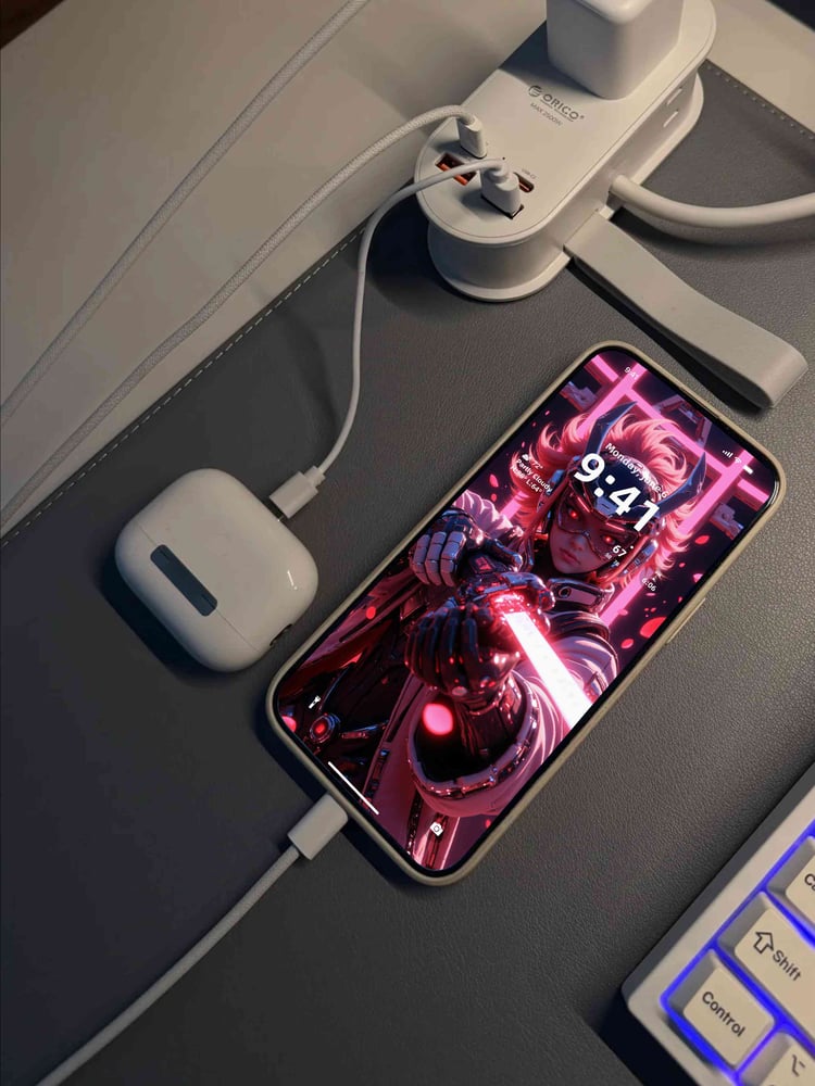 Pink sakura ronin cyber mecha girl wallpaper mockup with anime sci fi aesthetic, futuristic digital art for phone and desktop screens