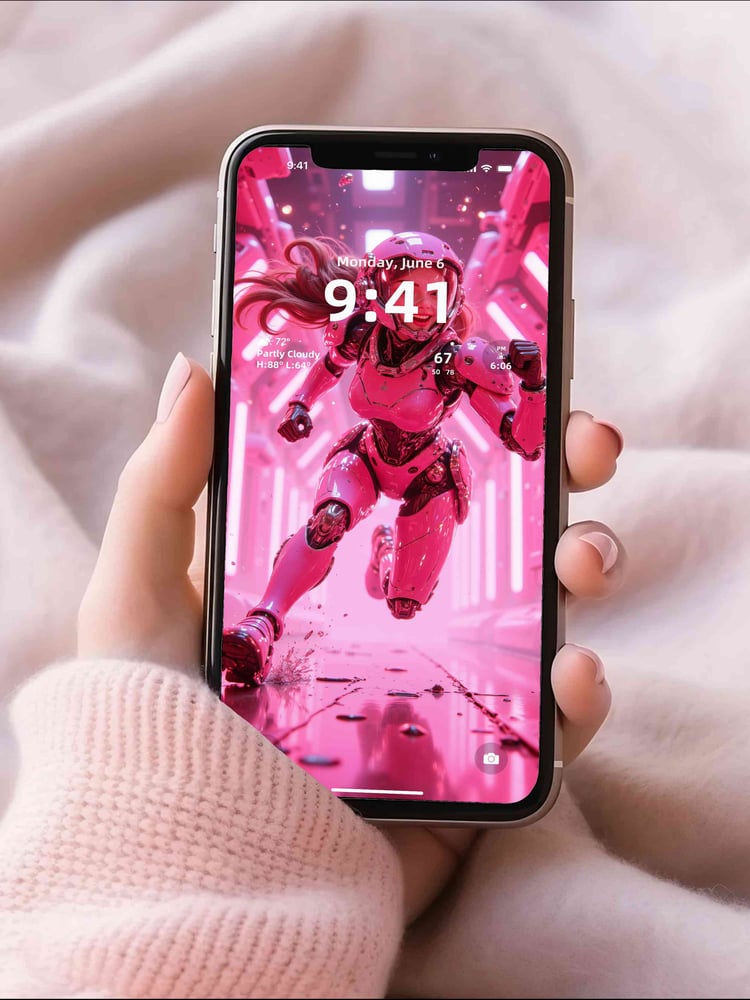 Pink halo cyber mecha girl wallpaper mockup with futuristic anime aesthetic, neon sci fi digital art for phone and desktop screens