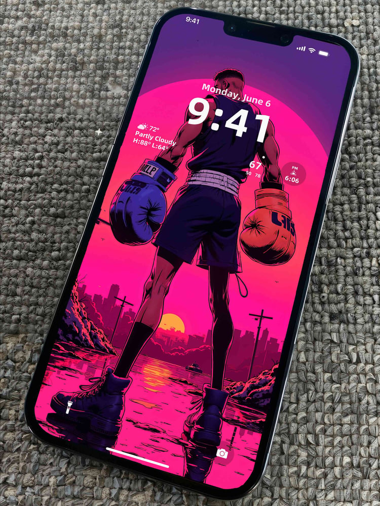 Retro future cyber boxer wallpaper mockup with neon sci fi aesthetic, bold futuristic digital art for phone, tablet, and desktop screens