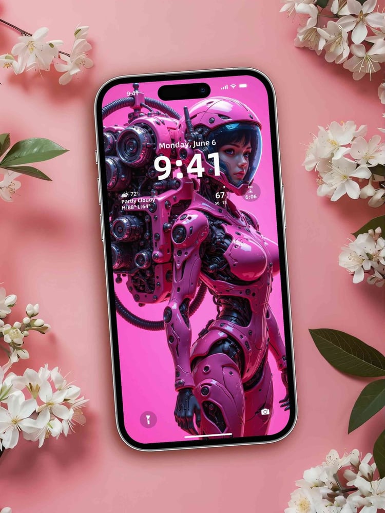 Pink mecha girl wallpaper pack with futuristic anime aesthetic, high resolution sci fi digital art for phone, tablet, and desktop screens