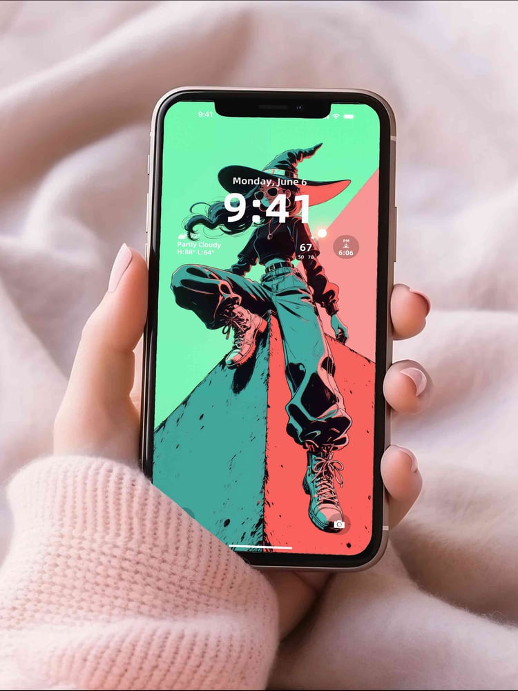 Cyber witch phone wallpaper mockup with neon retro futurism aesthetic, dark anime style digital art for mobile lock screen