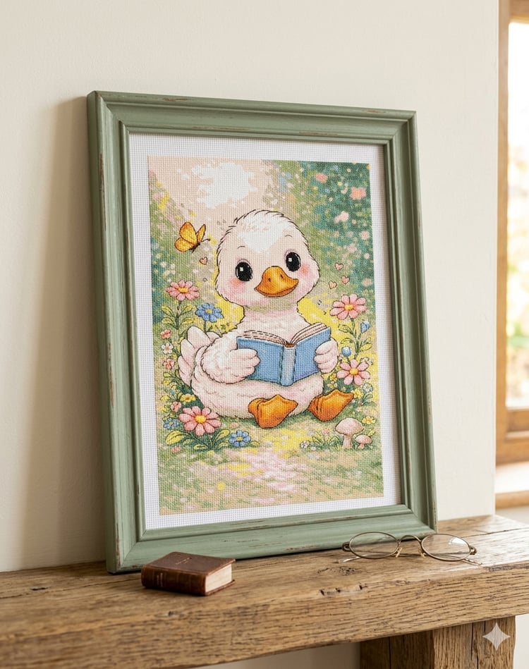 •	reading goose cross stitch pattern 	•	duck reading book embroidery chart 	•	cute animal cross stitch PDF 	•	kawaii goose needlepoint pattern 	•	beginner cross stitch animal design 	•	floral duck embroidery pattern 	•	cozy cross stitch printable 	•	baby 