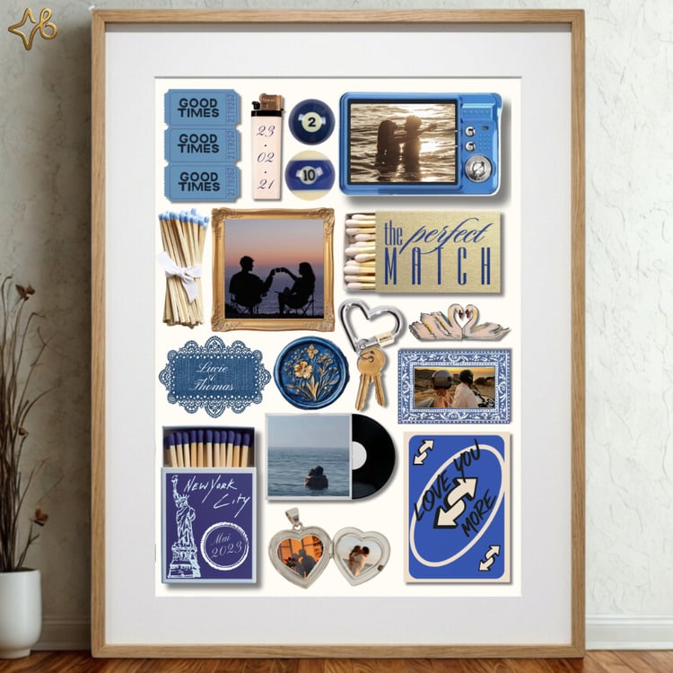 Poster personnalisé pour couple Bylodie dans un cadre en bois, présentant un collage de souvenirs amoureux sur le thème bleu, incluant une TV vintage avec photo et une boîte d'allumettes "The perfect Match".