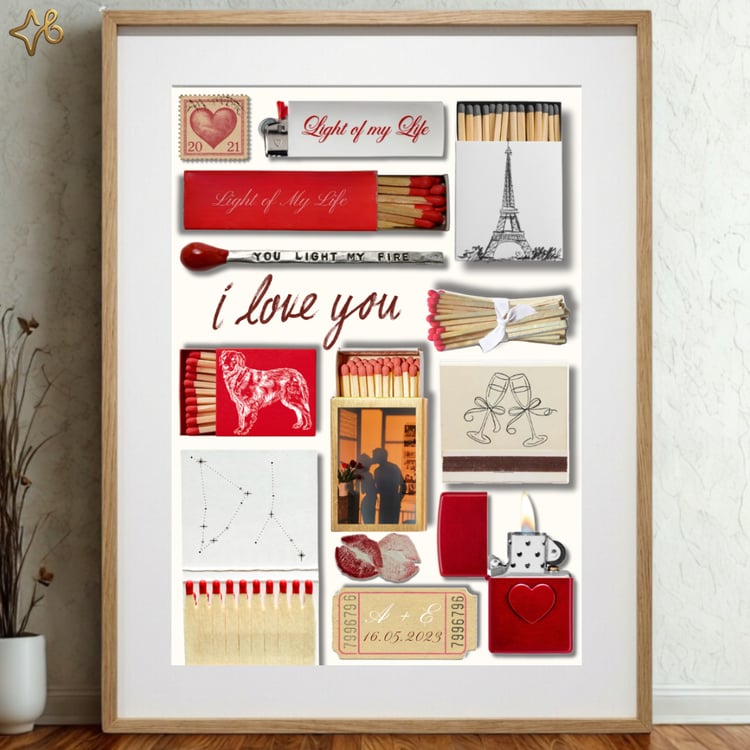 Affiche personnalisée avec allumettes et briquet vintage dans un cadre en bois clair.