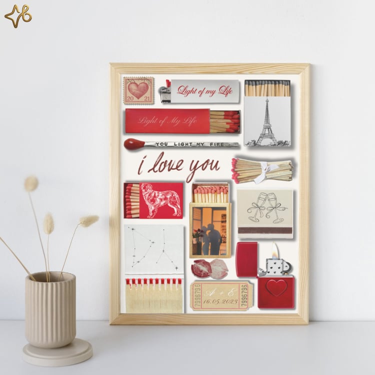 Décoration murale romantique personnalisable avec photos de couple et illustrations de boîtes d'allumettes.