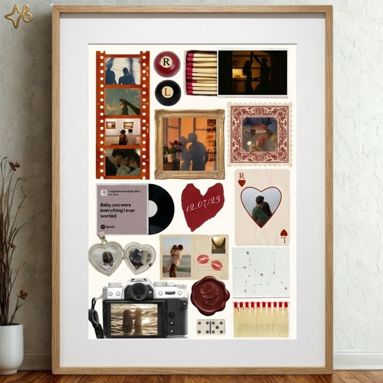 Affiche scrapbooking personnalisée pour couple avec photos, bande de film et appareil photo vintage dans un cadre en bois.