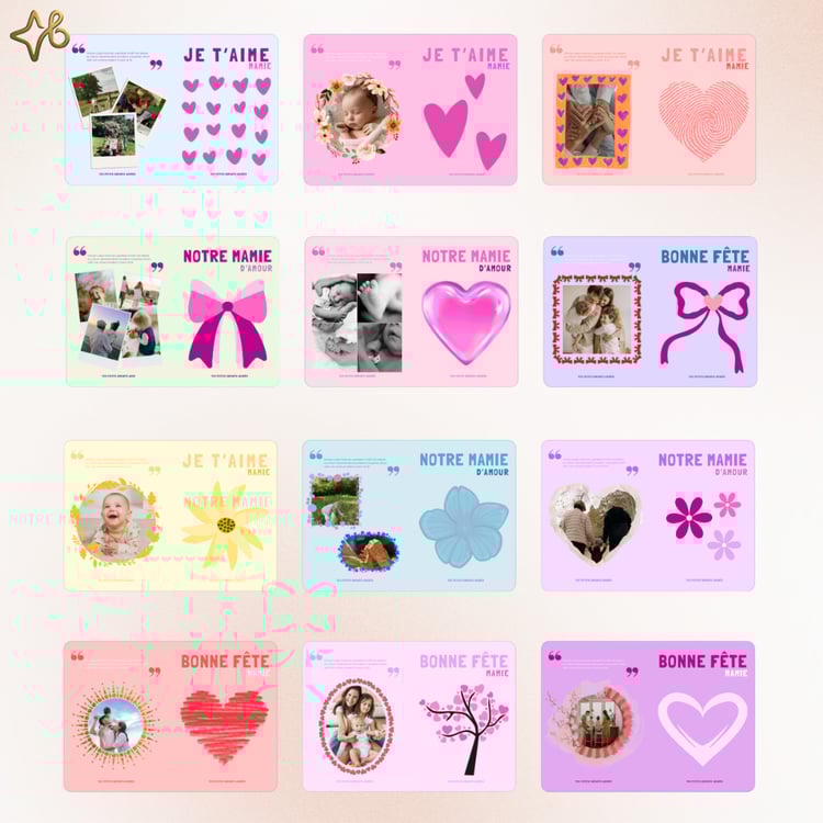 Planche de présentation des 12 modèles de cartes Fête des Grands-Mères inclus dans le lot, montrant la diversité des designs, couleurs et options de photos.