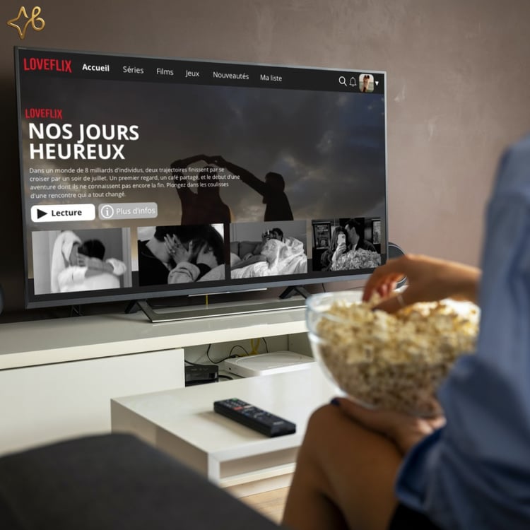 Vue d'une personne mangeant du pop-corn devant une télévision affichant une vidéo cadeau personnalisée "Loveflix" avec le titre "NOS JOURS HEUREUX".