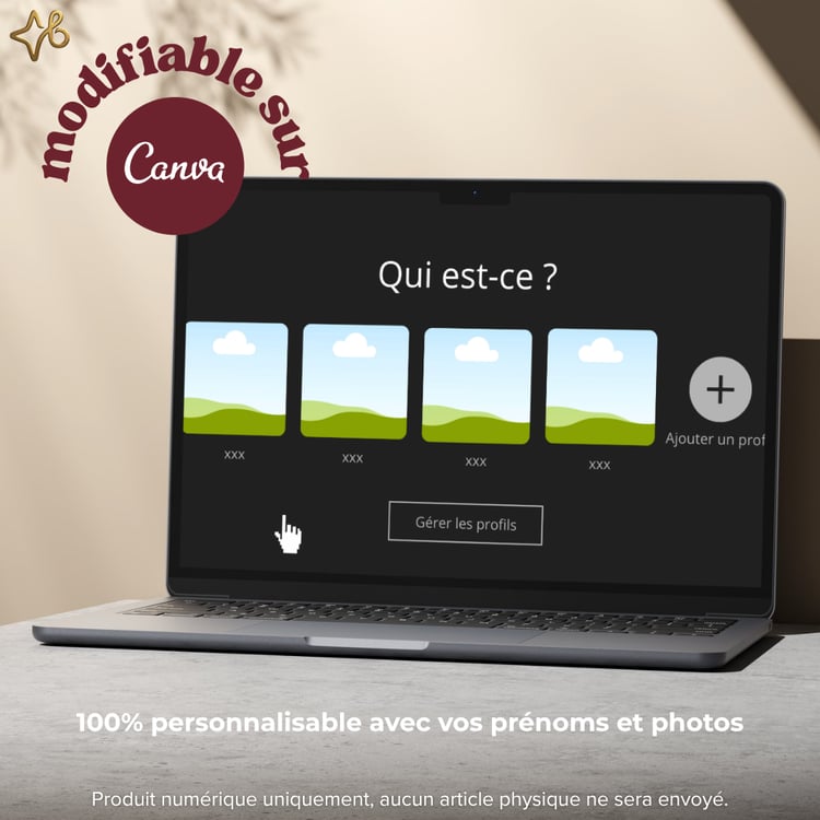 Ordinateur portable montrant l'édition sur Canva de l'écran de sélection des profils pour la vidéo cadeau personnalisée, avec texte "100% personnalisable".