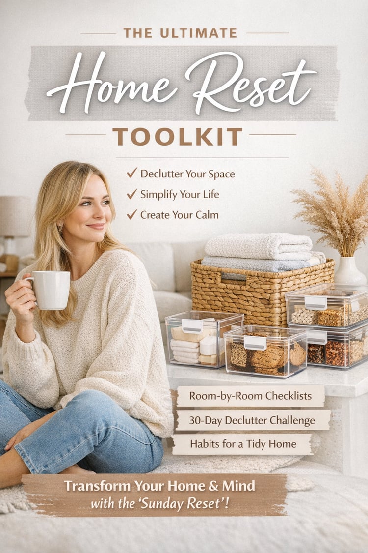 home reset toolkit, sunday reset checklist, 30 day declutter challenge, home organization checklist, aesthetic home organization, minimalist home organization, kitchen organization ideas, closet organization ideas, bathroom organization ideas, tidy home h