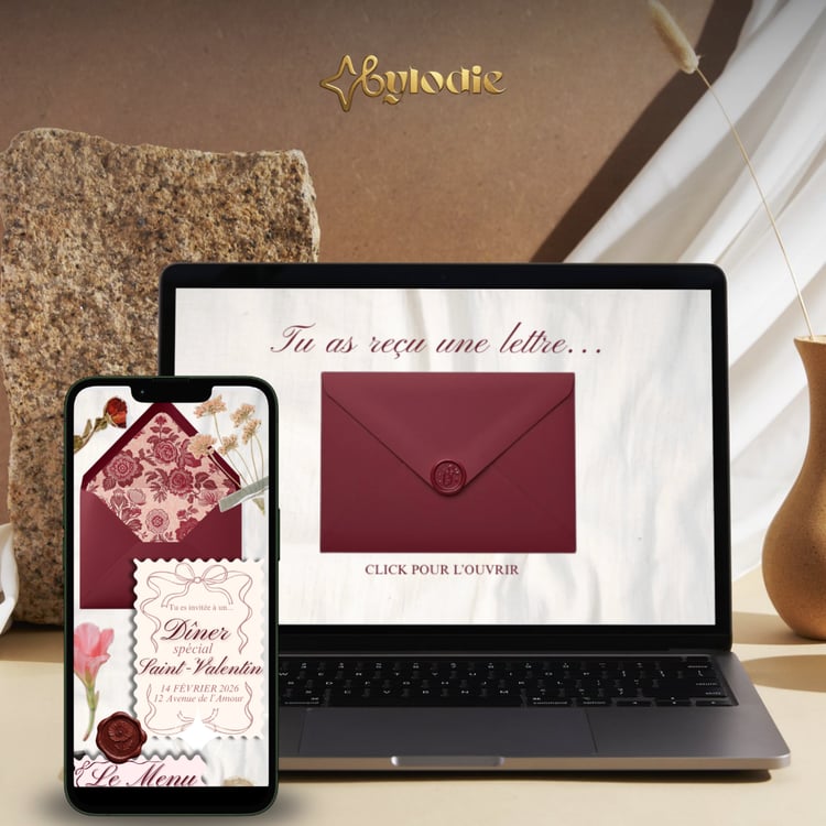 Template Canva site web invitation Saint-Valentin sur ordinateur et smartphone avec enveloppe bordeaux interactive.