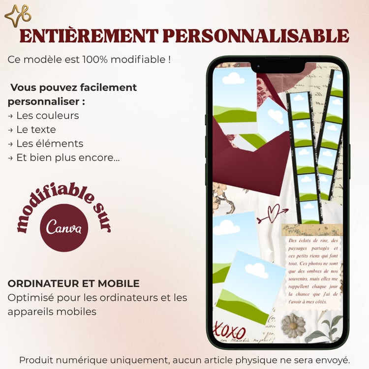 Aperçu de la personnalisation sur Canva d'un site cadeau romantique avec photos, fleurs et texte modifiable.