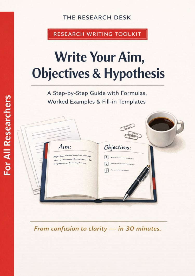 Research Writing Toolkit cover — a printable PDF guide for writing research aim, objectives and hypothesis, by The Research Desk