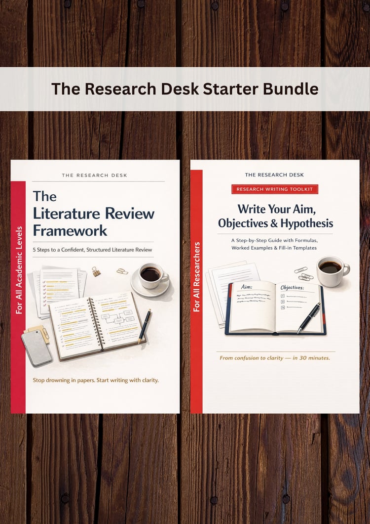 The Research Desk Starter Bundle — showing both the Literature Review Framework and Research Writing Toolkit covers side by side