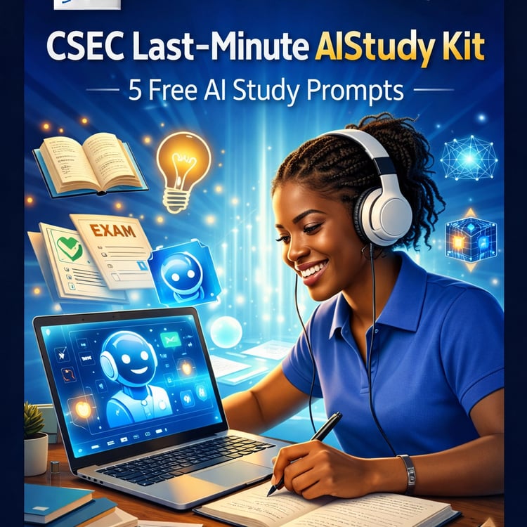 Cover of IBT COURSE HUB CSEC Last-Minute AI Study Kit PDF showing a Caribbean student using a laptop with AI study prompts, exam papers, and study notes floating around, designed to help students study smarter for final exams