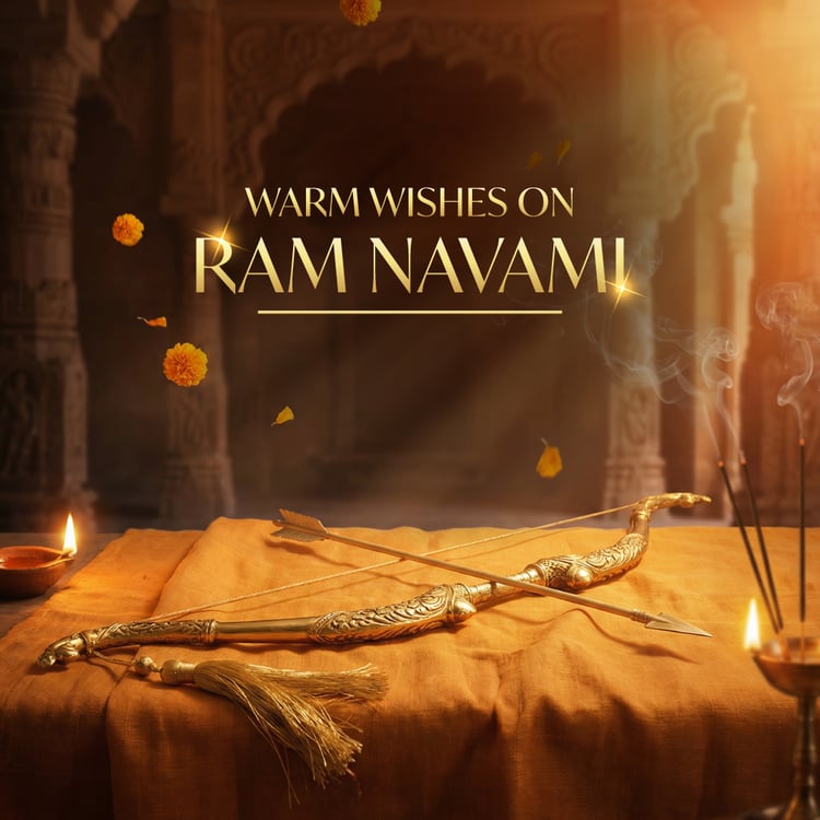 Ram Navami Greeting Background with Lord Ram Bow & Arrow – Golden Temple Festival Design Download FREE
