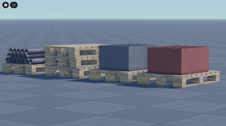 Realistic wooden pallet props arranged inside Roblox warehouse environment
