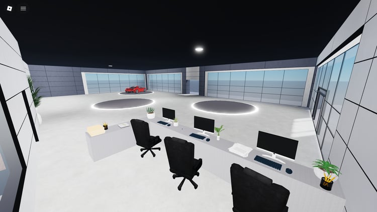 Modern Roblox car dealership showroom building exterior in city environment