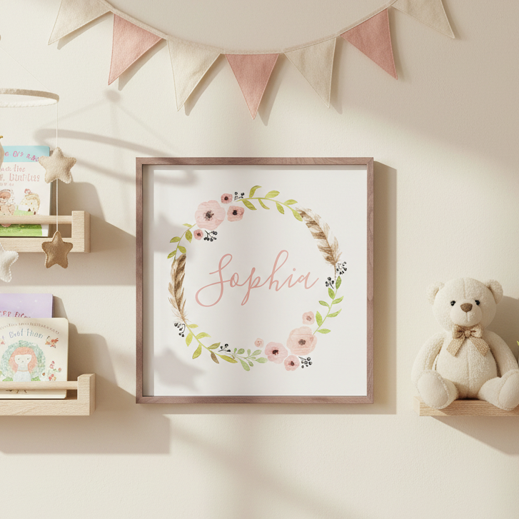 Nursery wall decor with a framed name print, books, a teddy bear, and a bunting banner.