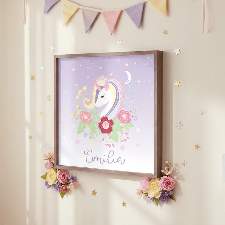 Framed unicorn artwork with flowers on a wall decorated with a banner and star decorations.
