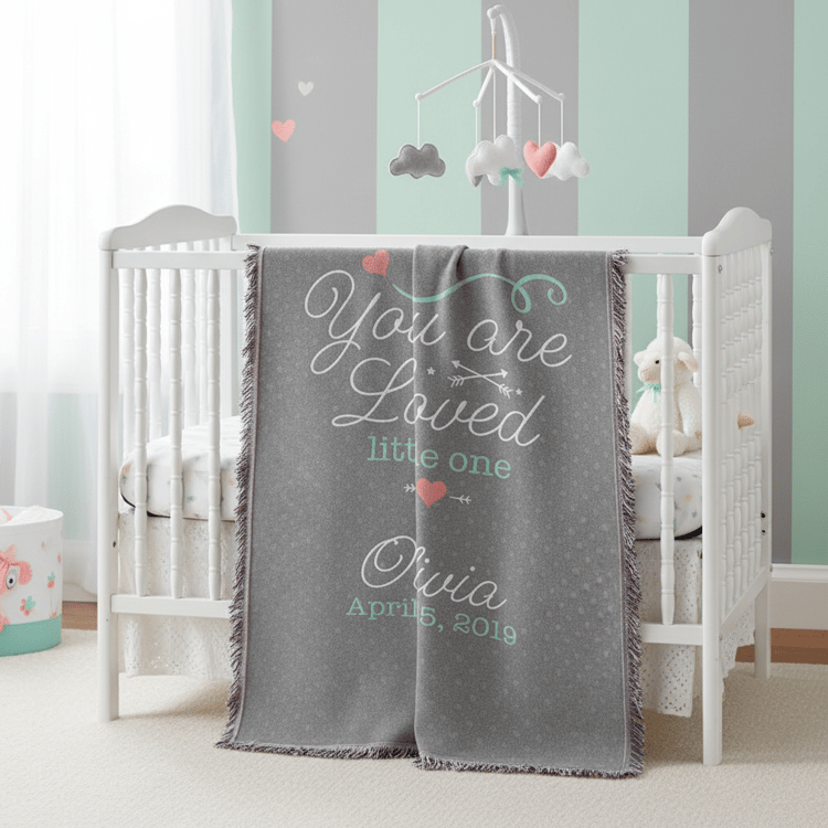 Gray blanket with 'You are loved little one' text draped over a crib in a nursery.