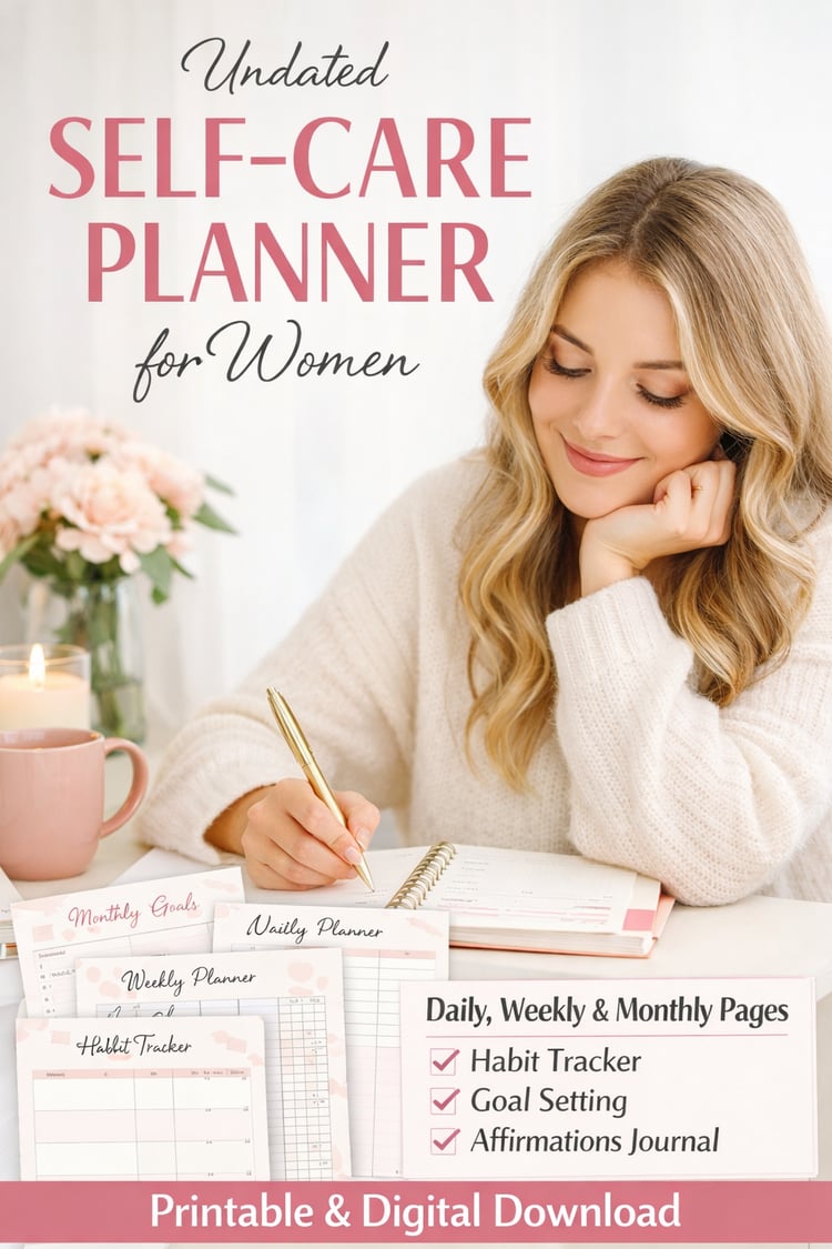 Here are your keywords in a comma-separated line:  ---  self care planner for women, minimalist planner pdf, daily weekly monthly planner, printable planner pdf, digital planner for women, habit tracker printable, aesthetic planner, feminine planner, well