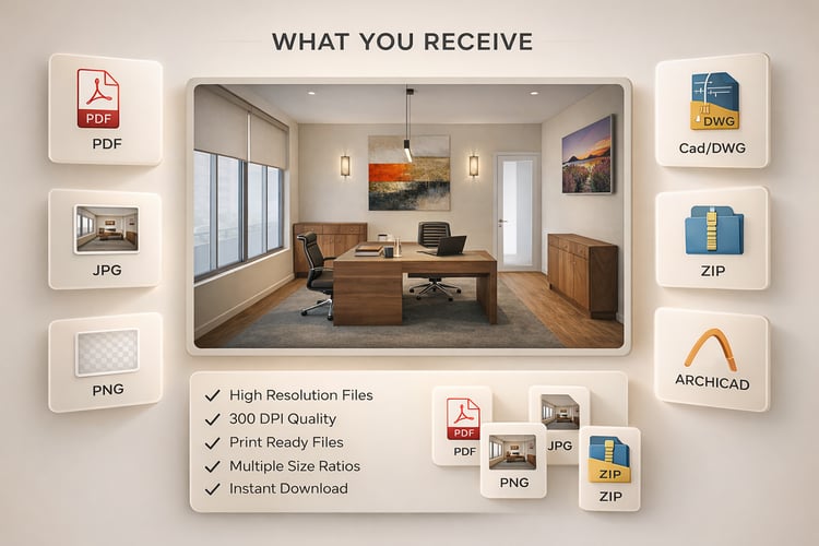 Minimalist modern office interior with wood panels, desk workspace and neutral color palette.