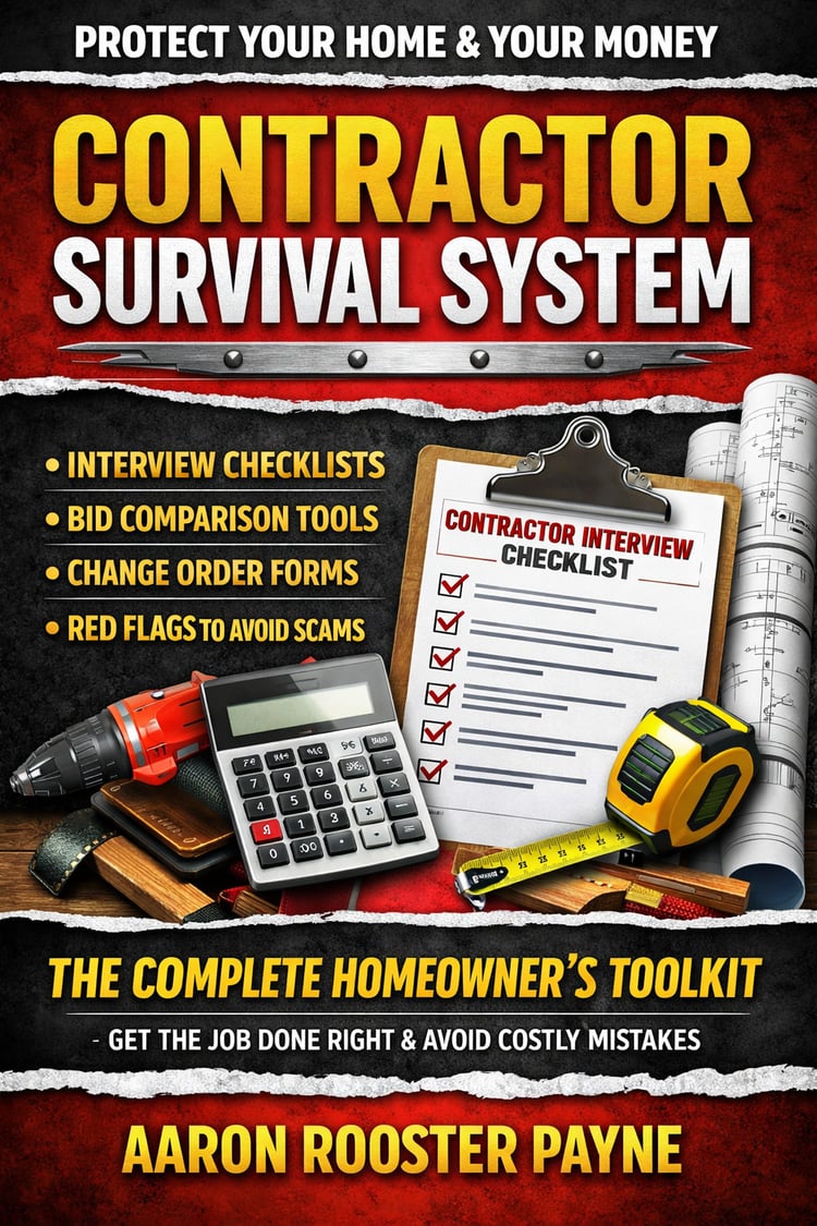 The Homeowner’s Survival Guide to Contractors book cover by Aaron Rooster Payne showing tools, contract, and construction scene focused on avoiding contractor scams